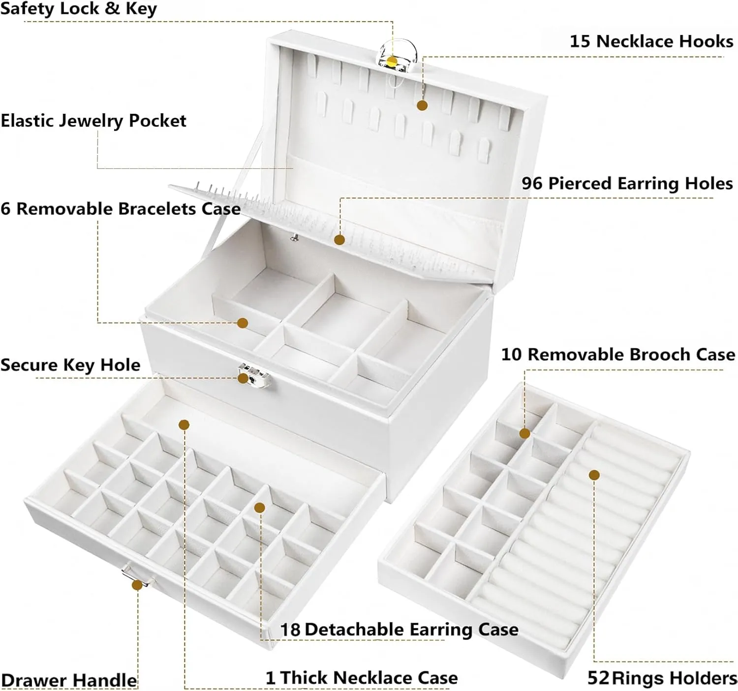 Earrings Jewelry Box for Girls, 5 Layers Jewelry Organizer with Earring Holder Organizer for Girls Earring Organizer Jewelry Boxes for Women Earrings and Necklaces Jewelry Box Organizer White