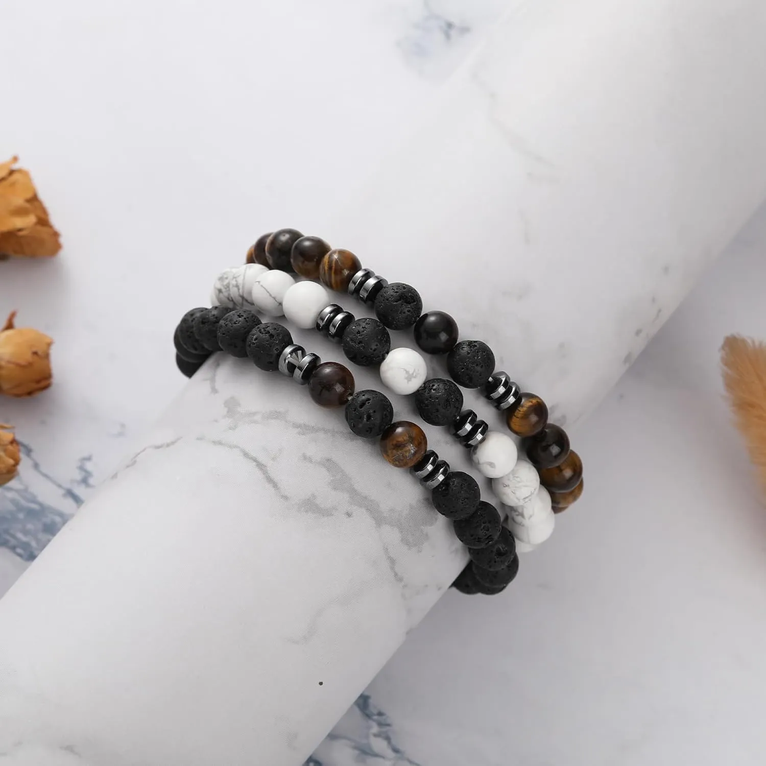 Elastic 8mm Beaded Tigers Eye Bracelet Set for Men