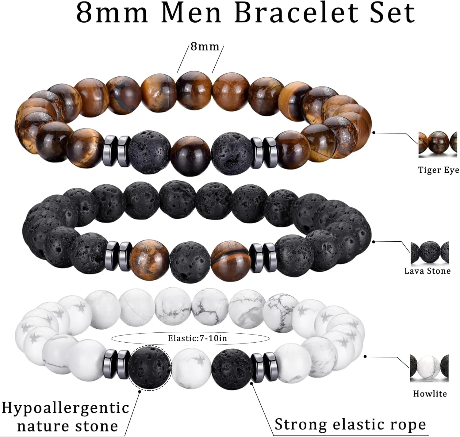 Elastic 8mm Beaded Tigers Eye Bracelet Set for Men