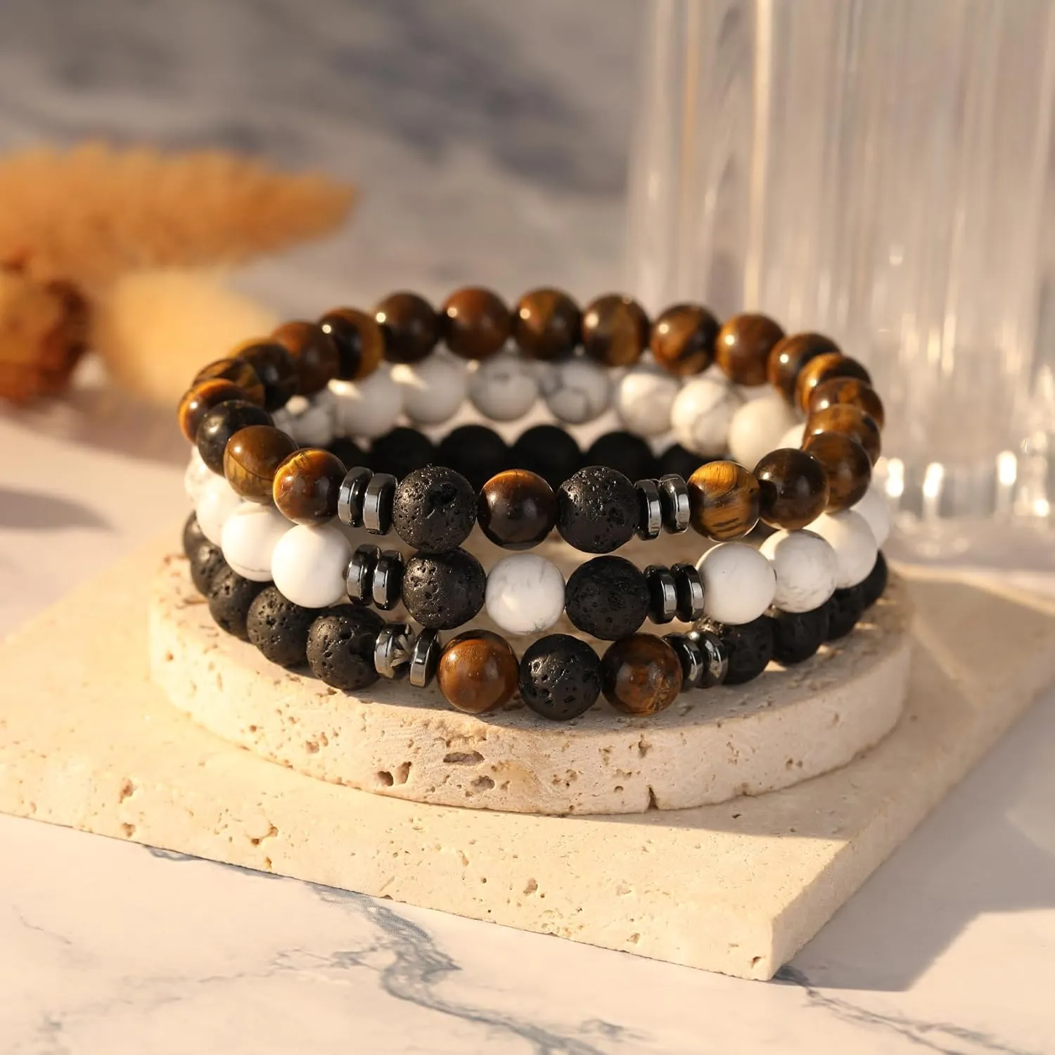 Elastic 8mm Beaded Tigers Eye Bracelet Set for Men