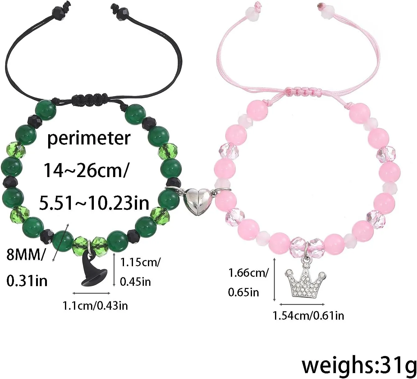 Elphaba Glinda Friendship Matching Bracelets - Wicked Musical Merch Witch Hat Crown Wand Heart Charm Necklaces - BFF Couple Accessories Christmas Valentine's Day Gift Set of 2