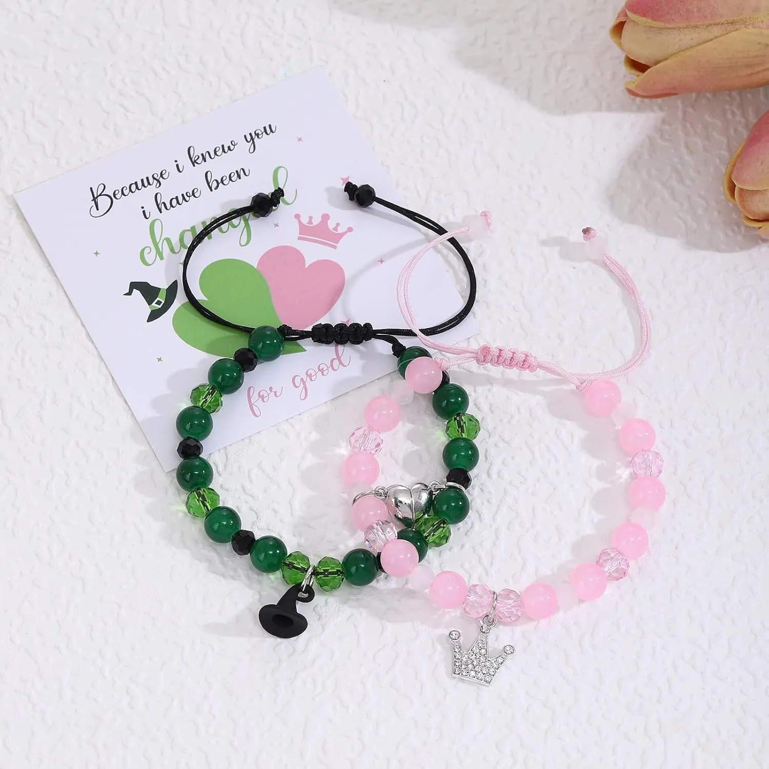 Elphaba Glinda Friendship Matching Bracelets - Wicked Musical Merch Witch Hat Crown Wand Heart Charm Necklaces - BFF Couple Accessories Christmas Valentine's Day Gift Set of 2
