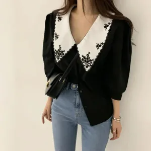 Embroidered Puff Sleeve Panelled Shirt for Women – Summer Casual Cozy Design, Aesthetic & Trendy