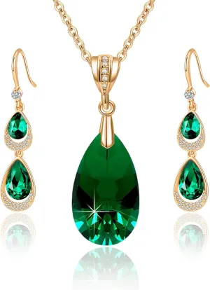 EVEVIC Austrian Crystals Teardrop Pendant Necklace and Earrings Sets for Women 14K Gold Plated Hypoallergenic Jewelry Gifts(Emerald)