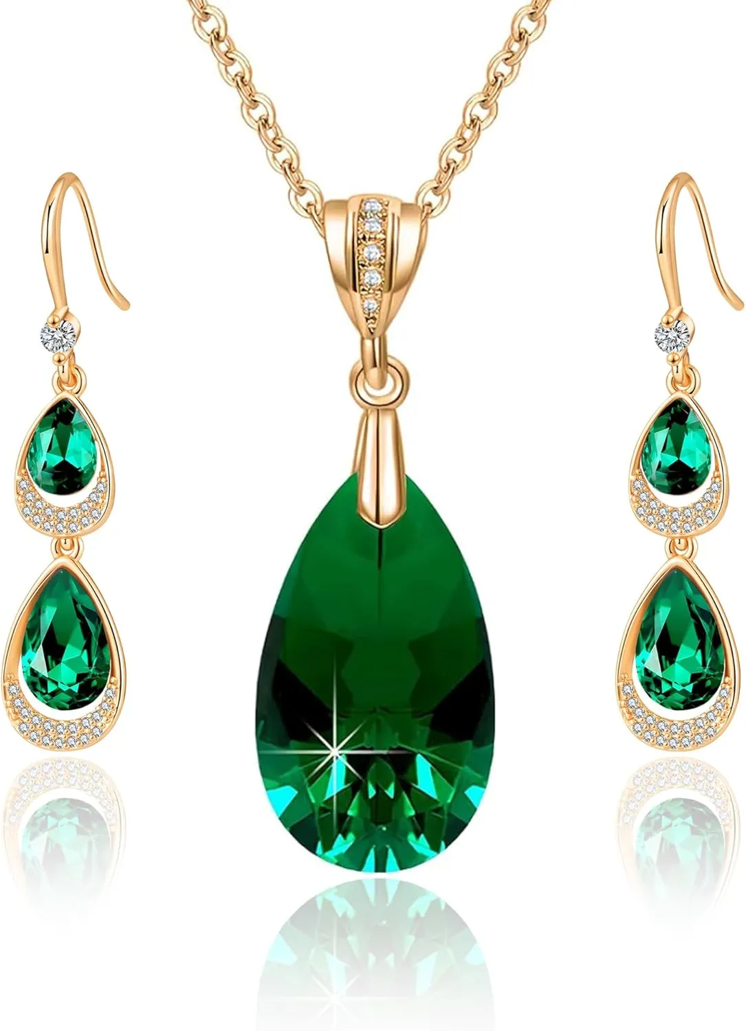 EVEVIC Austrian Crystals Teardrop Pendant Necklace and Earrings Sets for Women 14K Gold Plated Hypoallergenic Jewelry Gifts(Emerald)