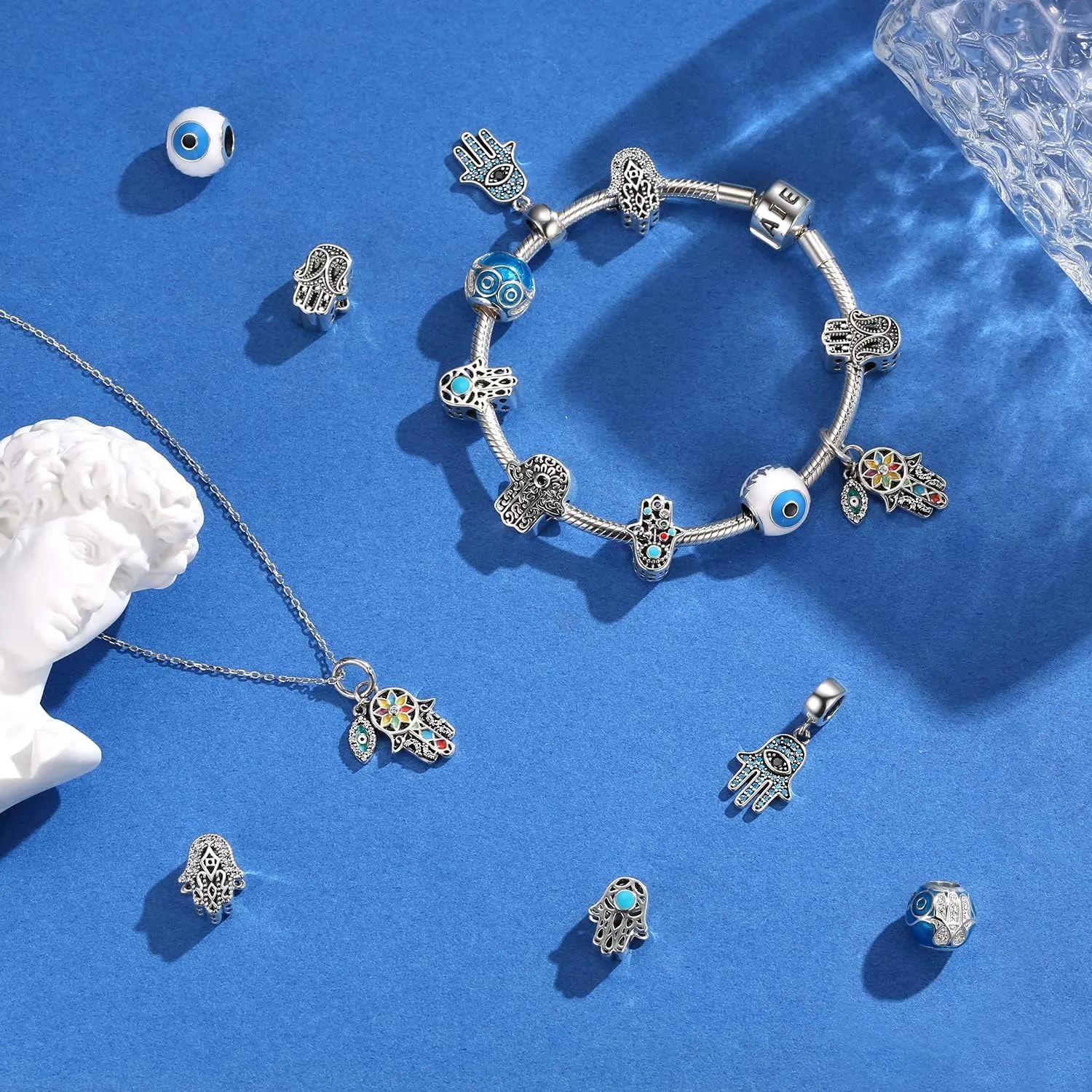 Evil Eye Charms 925 Sterling Silver Charms for Bracelet and Lucky Jewelry Hamsa Charm Fatima Charms Beads European Charm Evil Eye Compatible Bracelet Necklace for Women Mother Sister Gifts