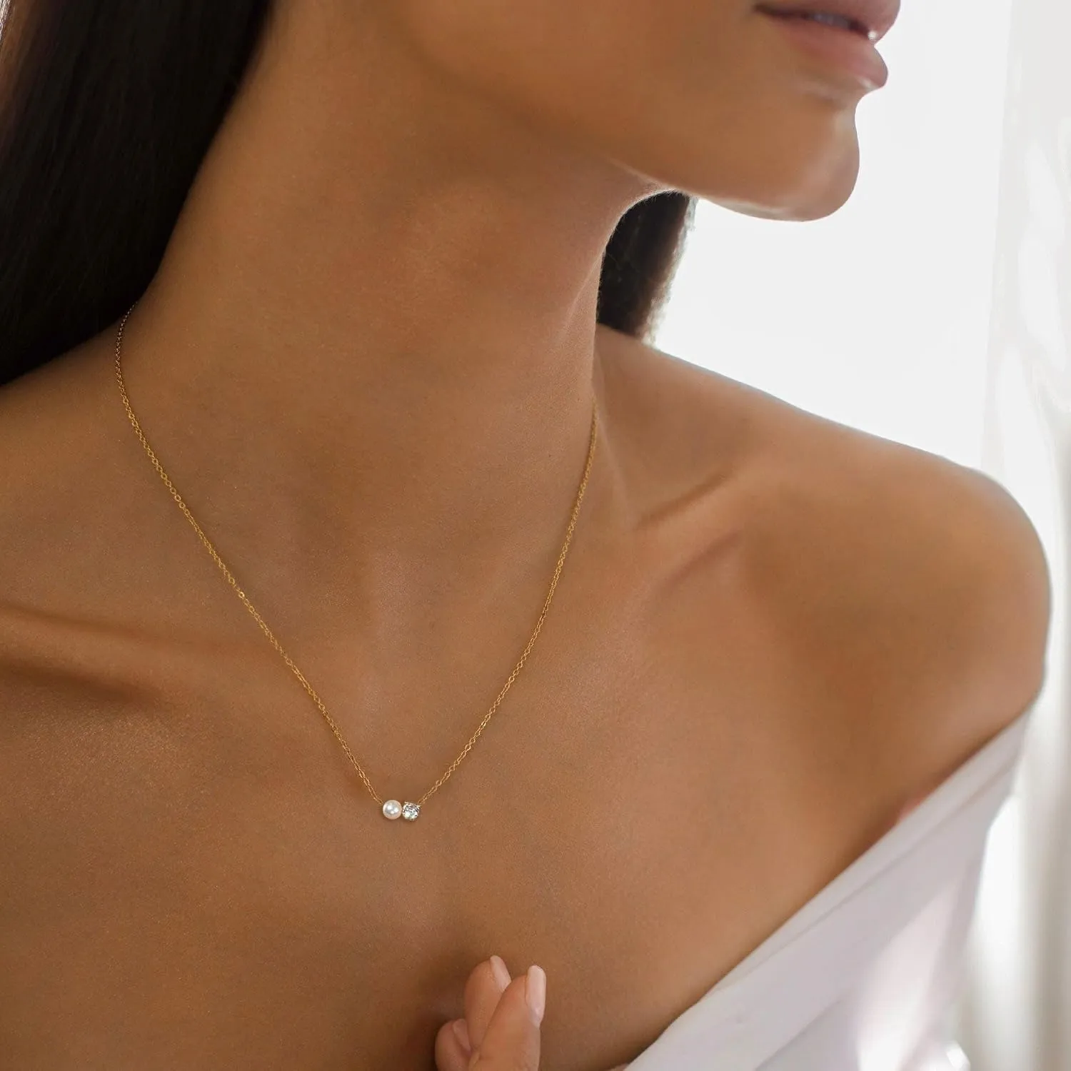 Ewrkbr Gold Necklace for Women, 14k Gold Plated Layered Cubic Zirconia Necklaces Dainty Gold Pendant Simple Layered Gold Necklaces for Women Trendy Small CZ Pearl Necklace Gold Jewelry for Women