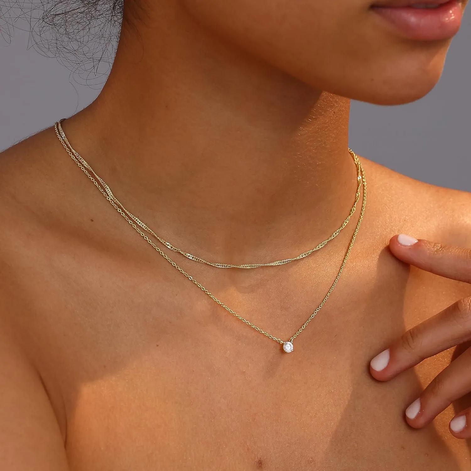 Ewrkbr Gold Necklace for Women, 14k Gold Plated Layered Cubic Zirconia Necklaces Dainty Gold Pendant Simple Layered Gold Necklaces for Women Trendy Small CZ Pearl Necklace Gold Jewelry for Women