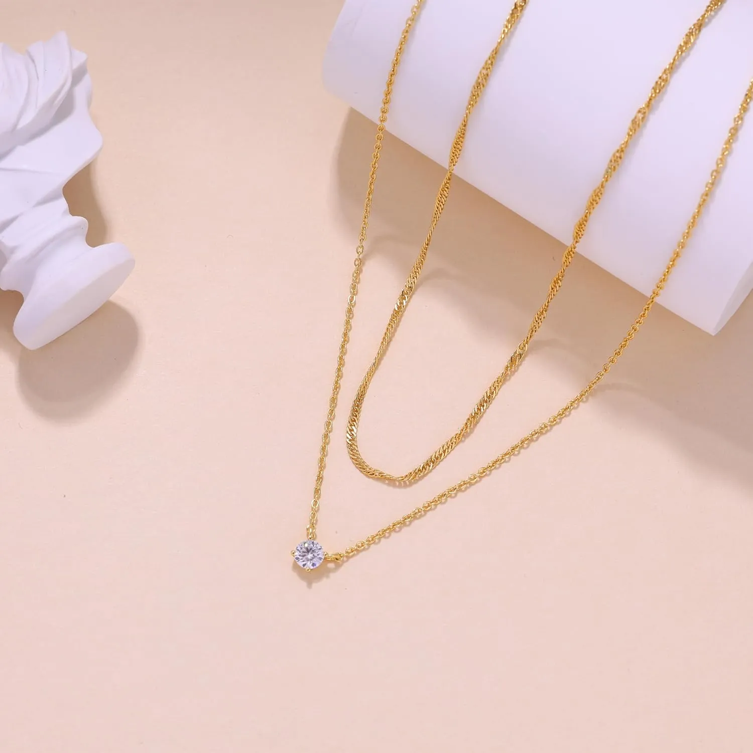 Ewrkbr Gold Necklace for Women, 14k Gold Plated Layered Cubic Zirconia Necklaces Dainty Gold Pendant Simple Layered Gold Necklaces for Women Trendy Small CZ Pearl Necklace Gold Jewelry for Women