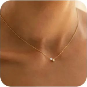 Ewrkbr Gold Necklace for Women, 14k Gold Plated Layered Cubic Zirconia Necklaces Dainty Gold Pendant Simple Layered Gold Necklaces for Women Trendy Small CZ Pearl Necklace Gold Jewelry for Women