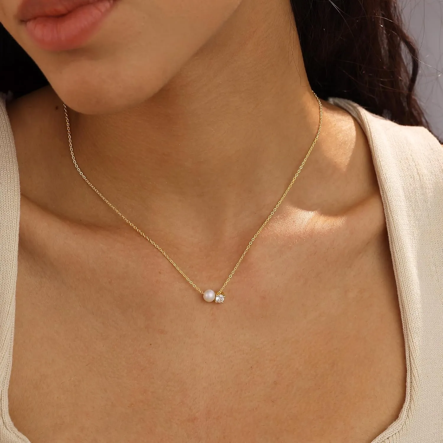 Ewrkbr Gold Necklace for Women, 14k Gold Plated Layered Cubic Zirconia Necklaces Dainty Gold Pendant Simple Layered Gold Necklaces for Women Trendy Small CZ Pearl Necklace Gold Jewelry for Women