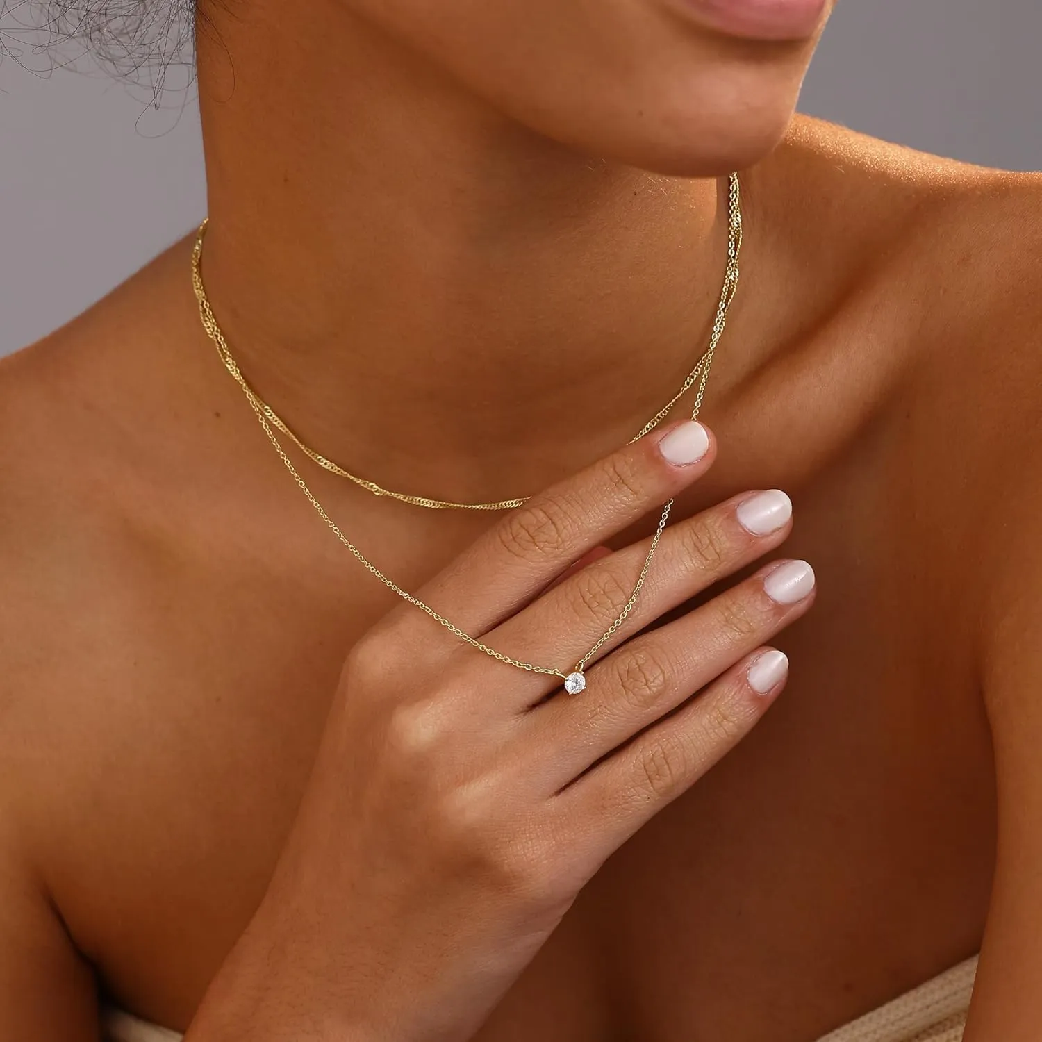 Ewrkbr Gold Necklace for Women, 14k Gold Plated Layered Cubic Zirconia Necklaces Dainty Gold Pendant Simple Layered Gold Necklaces for Women Trendy Small CZ Pearl Necklace Gold Jewelry for Women