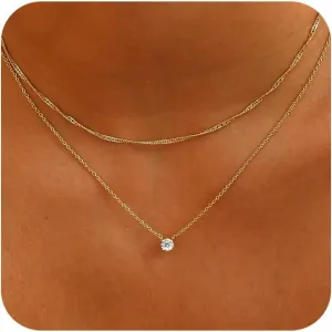 Ewrkbr Gold Necklace for Women, 14k Gold Plated Layered Cubic Zirconia Necklaces Dainty Gold Pendant Simple Layered Gold Necklaces for Women Trendy Small CZ Pearl Necklace Gold Jewelry for Women