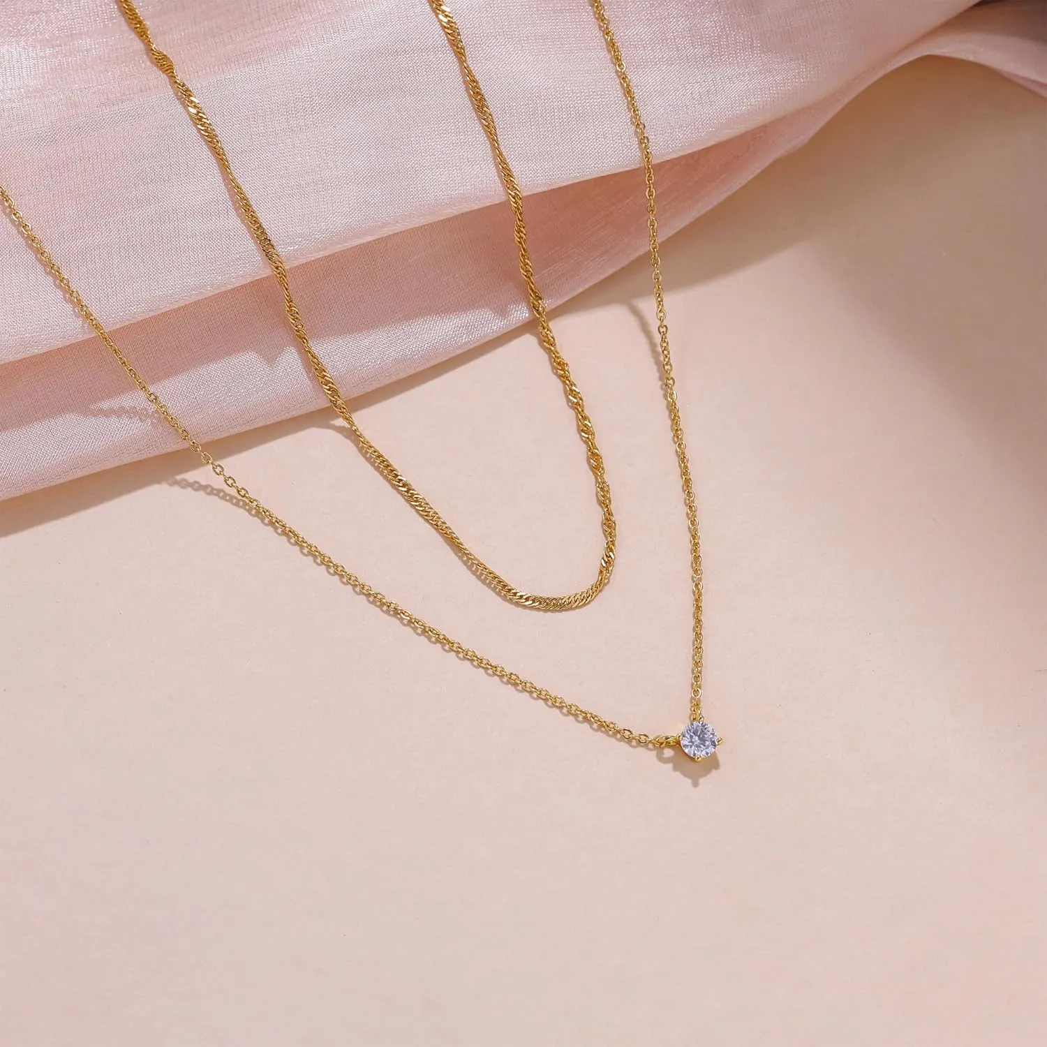 Ewrkbr Gold Necklace for Women, 14k Gold Plated Layered Cubic Zirconia Necklaces Dainty Gold Pendant Simple Layered Gold Necklaces for Women Trendy Small CZ Pearl Necklace Gold Jewelry for Women