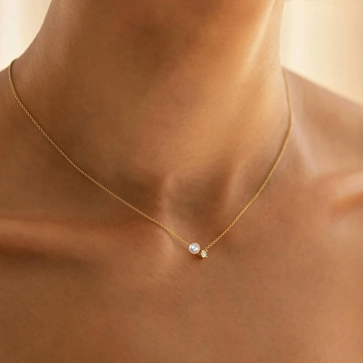 Ewrkbr Gold Necklace for Women, 14k Gold Plated Layered Cubic Zirconia Necklaces Dainty Gold Pendant Simple Layered Gold Necklaces for Women Trendy Small CZ Pearl Necklace Gold Jewelry for Women