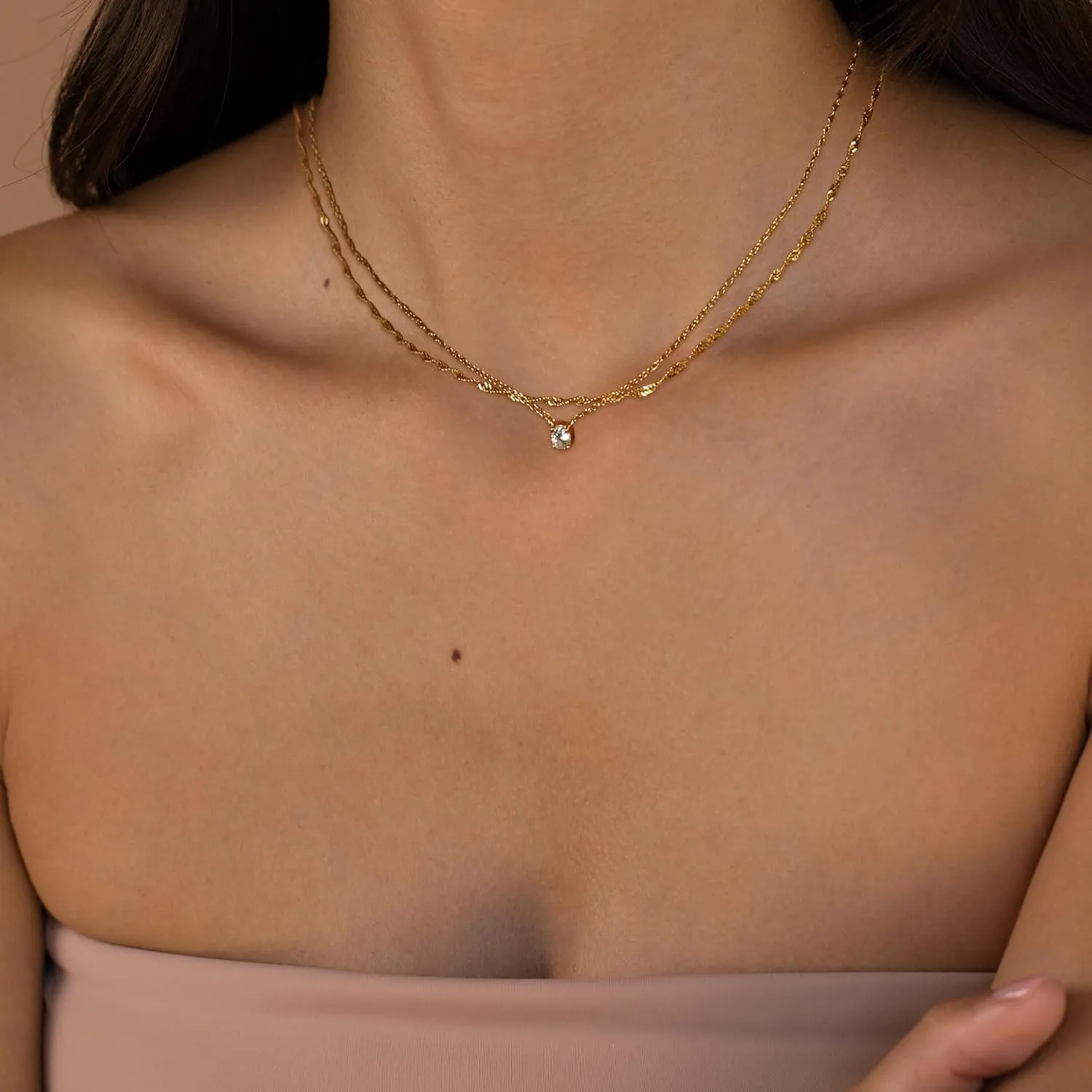 Ewrkbr Gold Necklace for Women, 14k Gold Plated Layered Cubic Zirconia Necklaces Dainty Gold Pendant Simple Layered Gold Necklaces for Women Trendy Small CZ Pearl Necklace Gold Jewelry for Women