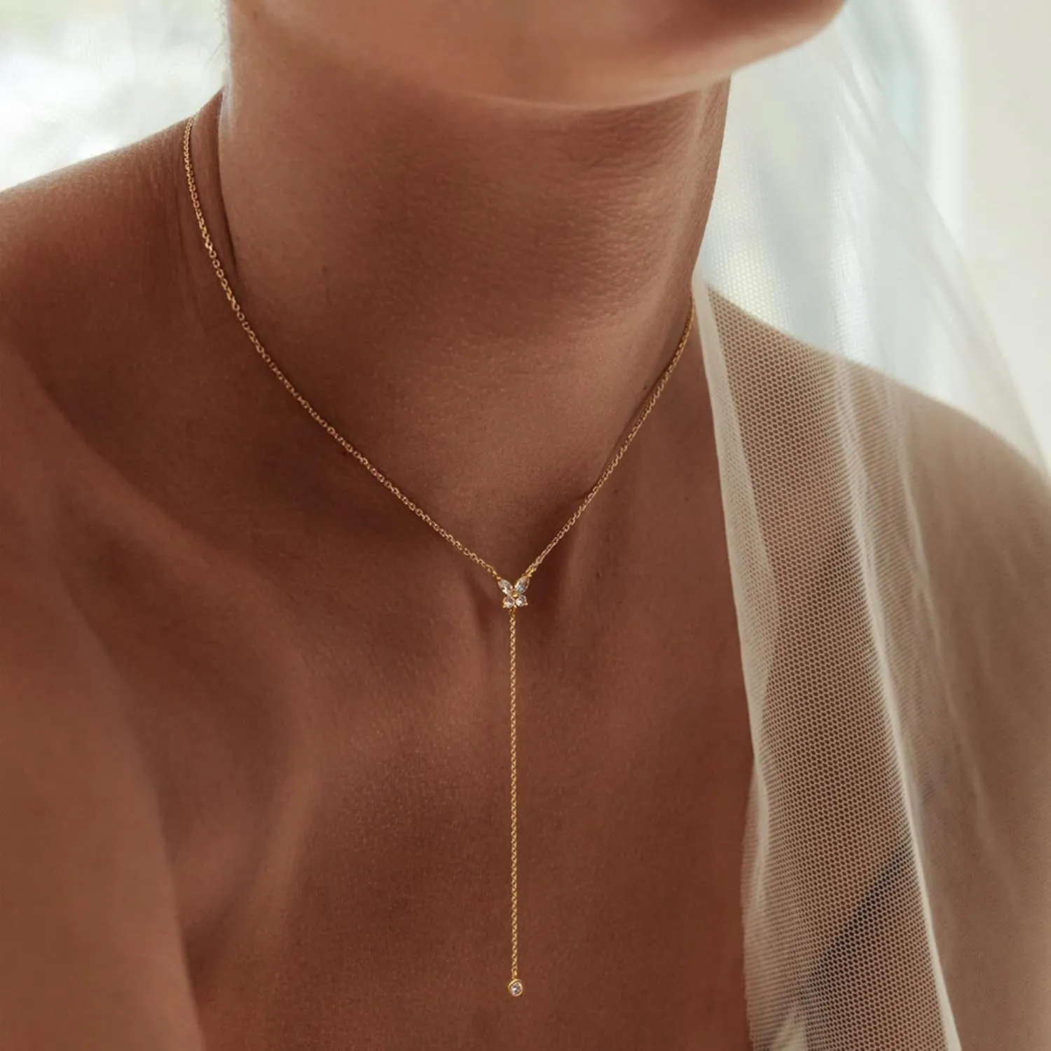 Ewrkbr Long Necklaces for Women, Charm Gold Lariat Necklace 14k Gold Plated Teardrop Drop Necklace Dainty Long Gold Necklaces for Women Trendy Simple Butterfly Pearl Y Long Necklace Jewelry for Women