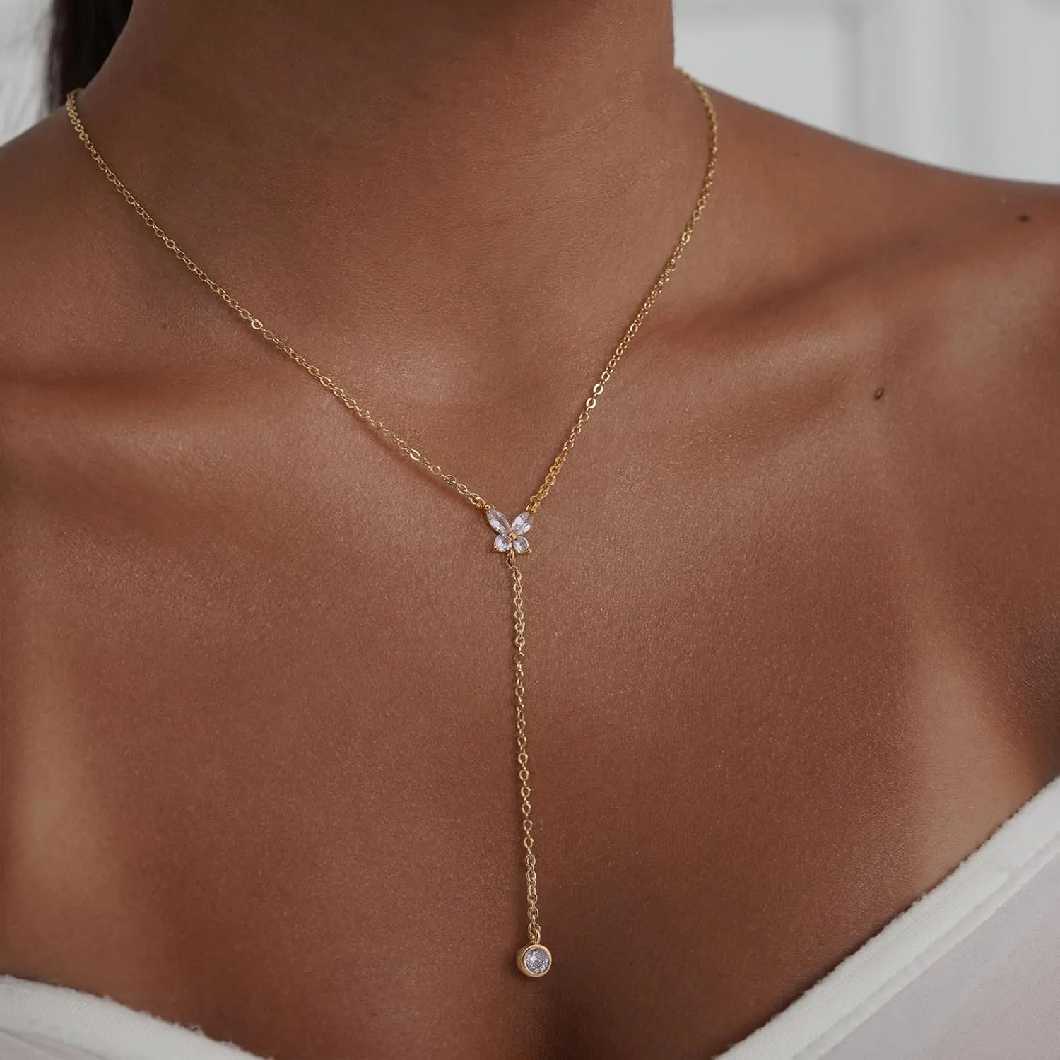 Ewrkbr Long Necklaces for Women, Charm Gold Lariat Necklace 14k Gold Plated Teardrop Drop Necklace Dainty Long Gold Necklaces for Women Trendy Simple Butterfly Pearl Y Long Necklace Jewelry for Women