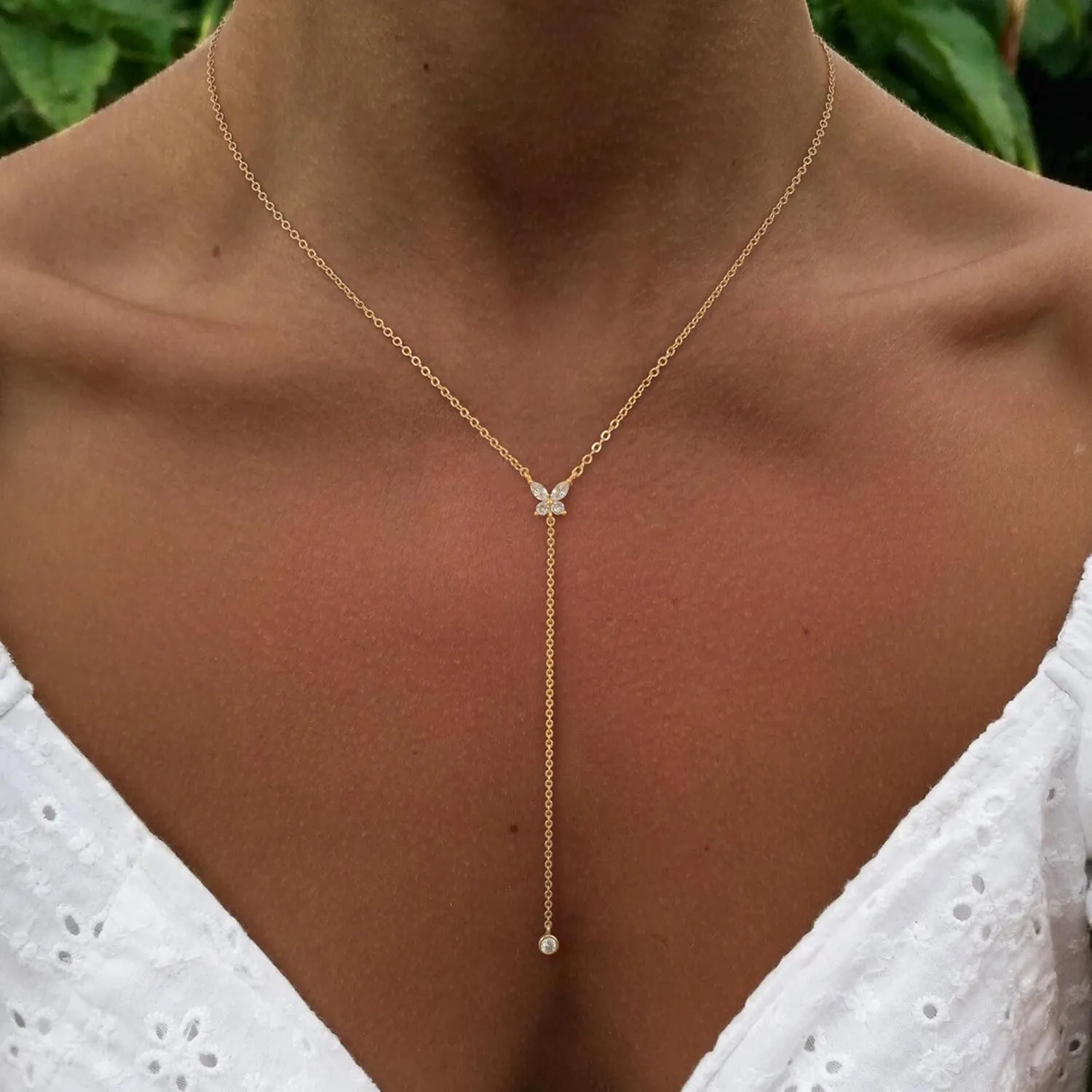 Ewrkbr Long Necklaces for Women, Charm Gold Lariat Necklace 14k Gold Plated Teardrop Drop Necklace Dainty Long Gold Necklaces for Women Trendy Simple Butterfly Pearl Y Long Necklace Jewelry for Women