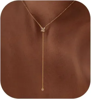 Ewrkbr Long Necklaces for Women, Charm Gold Lariat Necklace 14k Gold Plated Teardrop Drop Necklace Dainty Long Gold Necklaces for Women Trendy Simple Butterfly Pearl Y Long Necklace Jewelry for Women