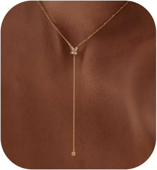 Ewrkbr Long Necklaces for Women, Charm Gold Lariat Necklace 14k Gold Plated Teardrop Drop Necklace Dainty Long Gold Necklaces for Women Trendy Simple Butterfly Pearl Y Long Necklace Jewelry for Women