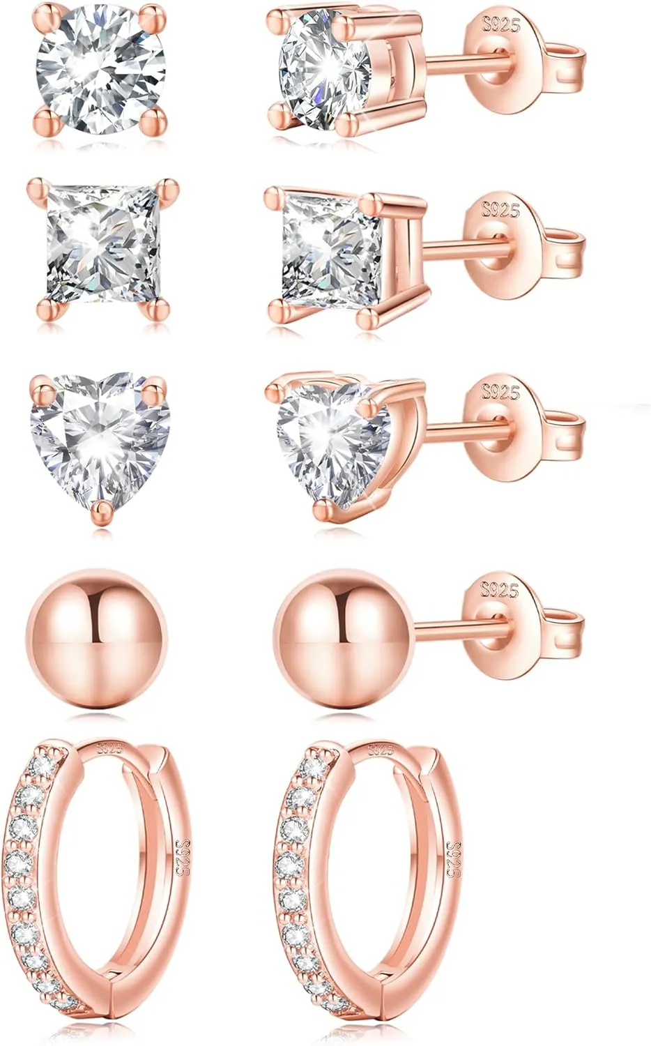 EXGOX Sterling Silver Earrings 925 Sterling Silver Stud Earrings for Women Dainty 14k Gold Plated Earrings Hypoallergenic Cubic Zirconia Tiny Stud Earrings for Multiple Piercings(5 Pairs)