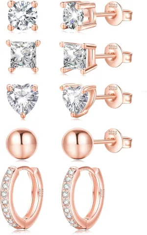 EXGOX Sterling Silver Earrings 925 Sterling Silver Stud Earrings for Women Dainty 14k Gold Plated Earrings Hypoallergenic Cubic Zirconia Tiny Stud Earrings for Multiple Piercings(5 Pairs)