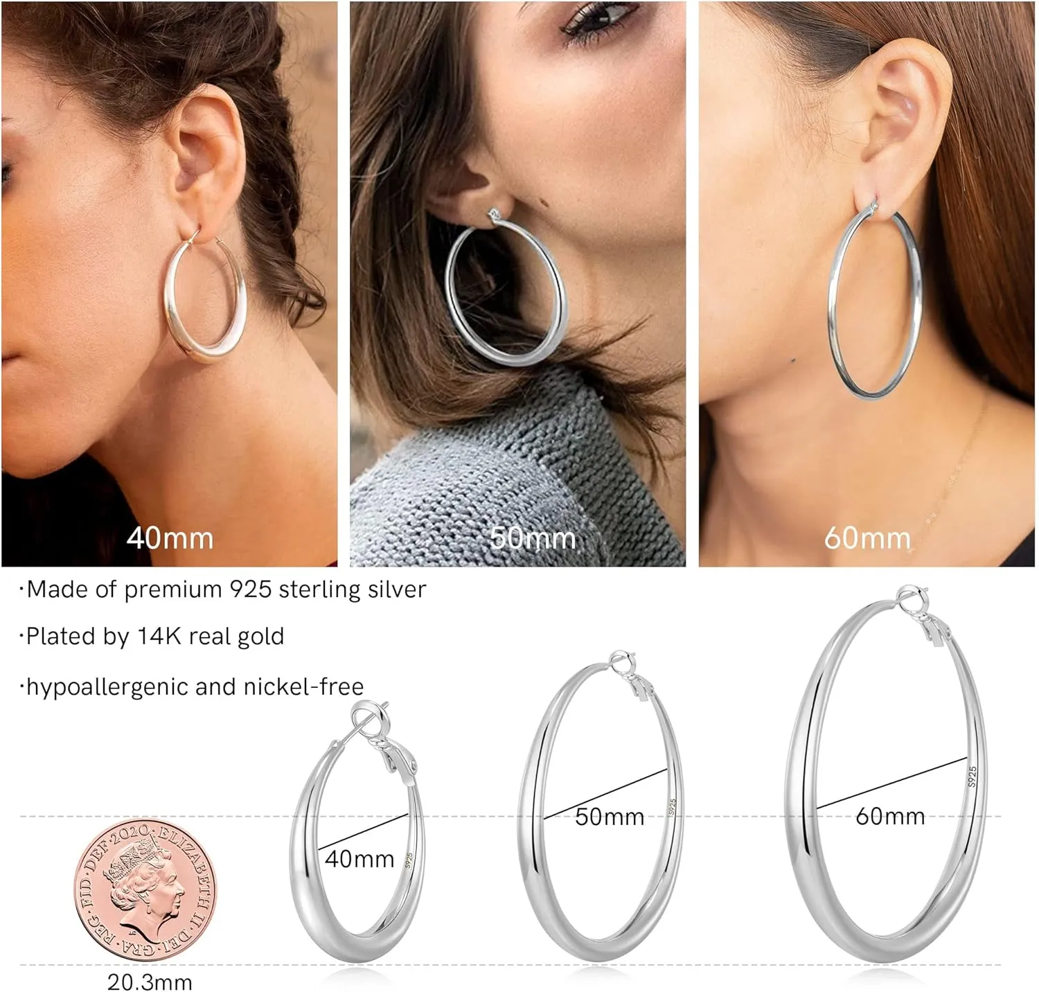EXGOX Sterling Silver Hoop Earrings - Hypoallergenic, Lightweight, Chunky, 14K Real Gold Plated, Big Large Hoops for Women