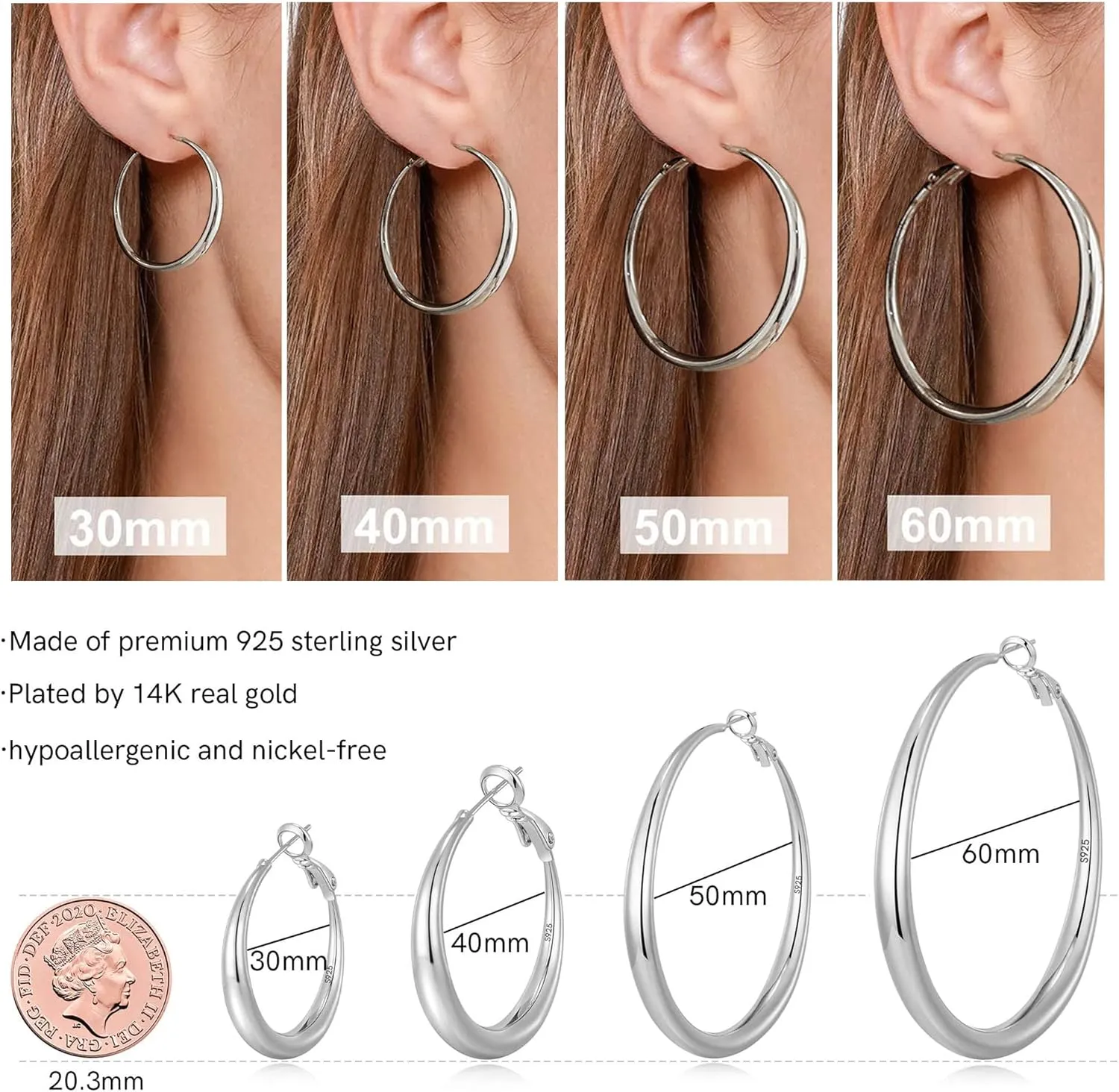 EXGOX Sterling Silver Hoop Earrings - Hypoallergenic, Lightweight, Chunky, 14K Real Gold Plated, Big Large Hoops for Women