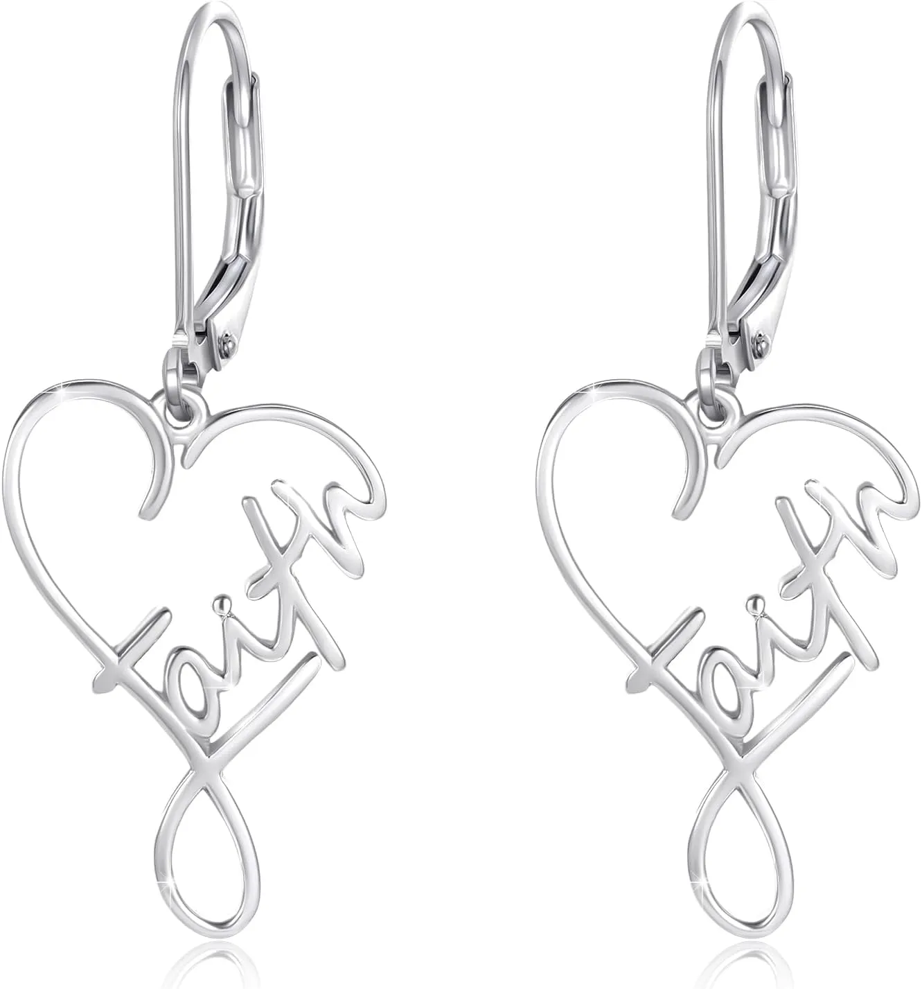 Faith Cross Dangle Earrings,S925 Sterling Silver Heart Faith Christaian Inspirational Love Heart Leverback Drop Earring Word Calligraphy Jewelry for Women