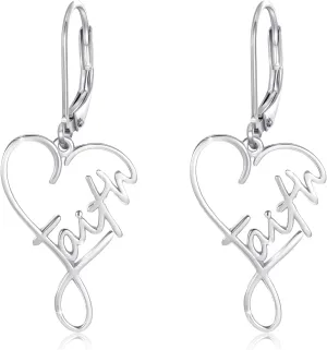 Faith Cross Dangle Earrings,S925 Sterling Silver Heart Faith Christaian Inspirational Love Heart Leverback Drop Earring Word Calligraphy Jewelry for Women