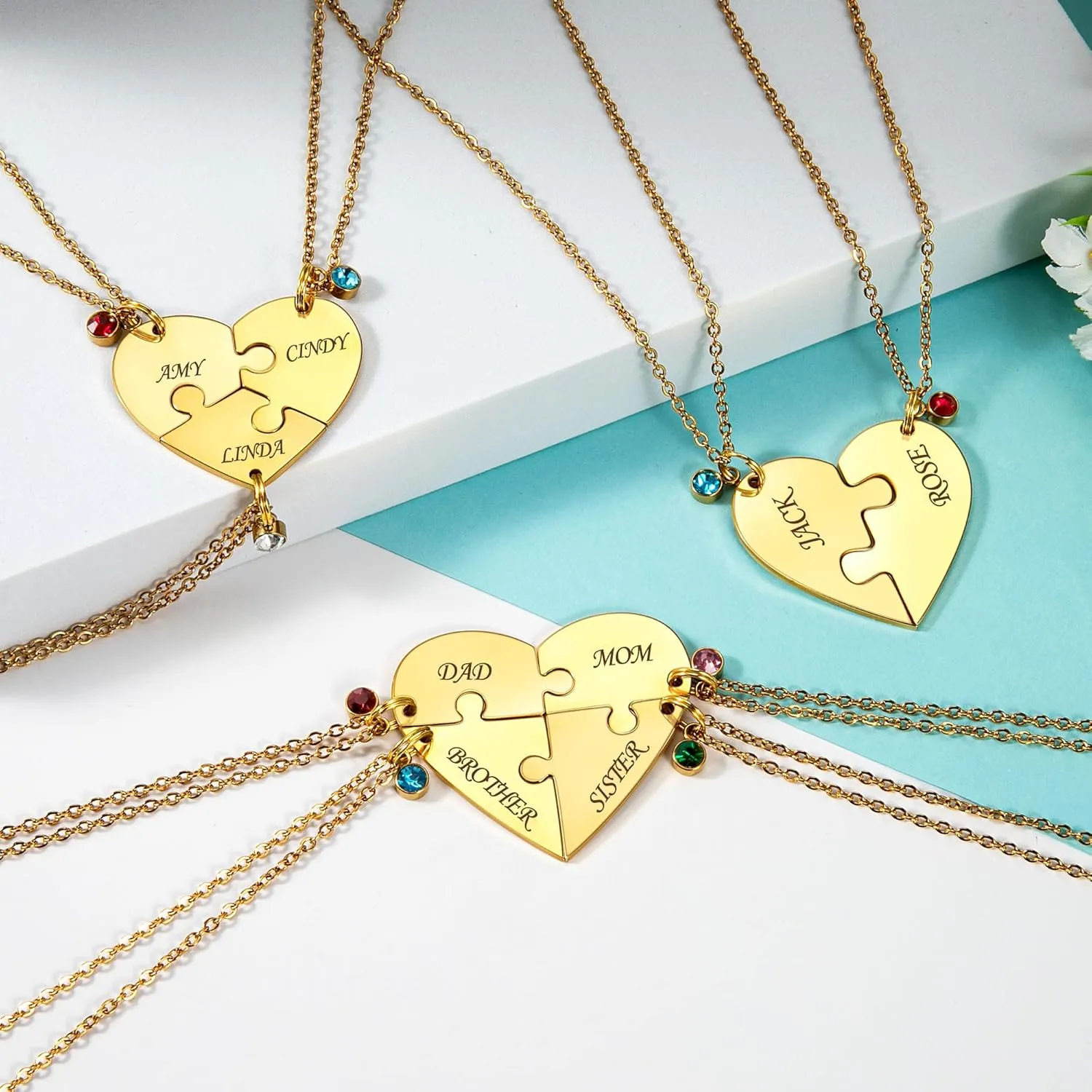 Fanery Sue Personalized Puzzle Pieces Heart Shape Necklace/Kaychain for Best Friends Family Custom Name/Date with Birthstone