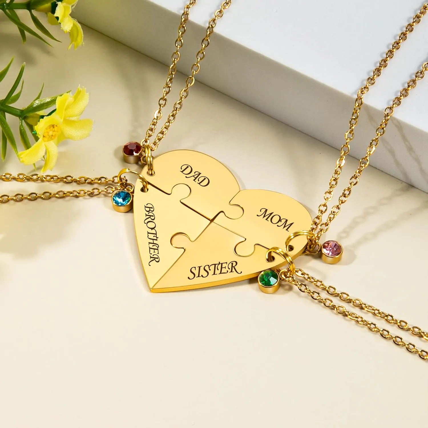 Fanery Sue Personalized Puzzle Pieces Heart Shape Necklace/Kaychain for Best Friends Family Custom Name/Date with Birthstone