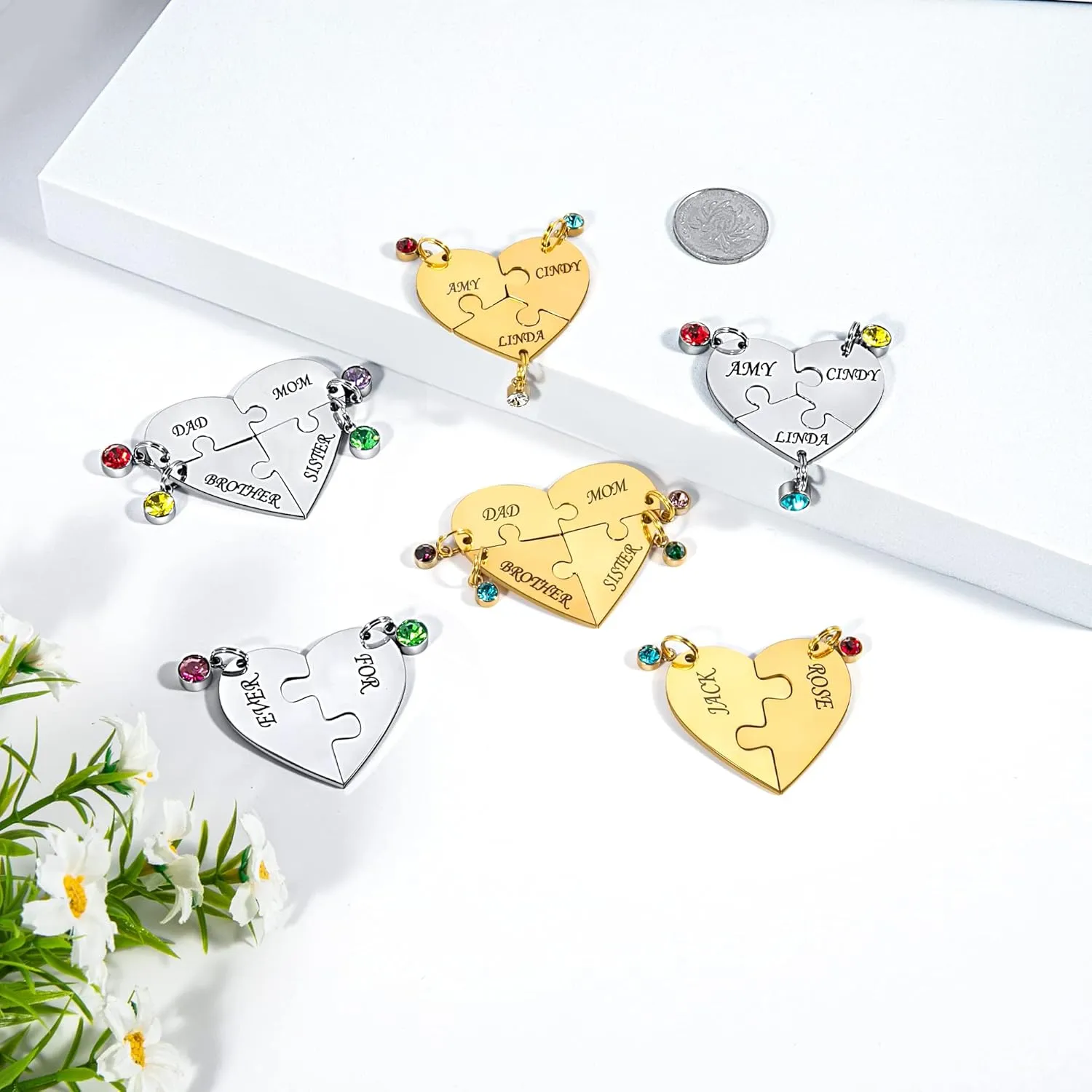 Fanery Sue Personalized Puzzle Pieces Heart Shape Necklace/Kaychain for Best Friends Family Custom Name/Date with Birthstone