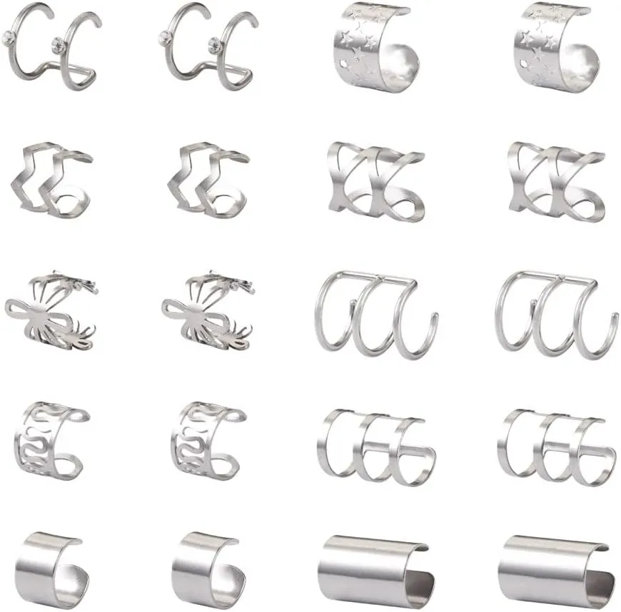 Fashewelry 20 PCS Adjustable 304 Stainless Steel Ear Cuffs Hollow & Wave & Flower Non Piercing Clip on Earrings Helix Cartilage Cuff Earrings Fake Earrings for Women Men