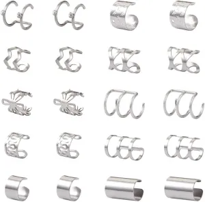 Fashewelry 20 PCS Adjustable 304 Stainless Steel Ear Cuffs Hollow & Wave & Flower Non Piercing Clip on Earrings Helix Cartilage Cuff Earrings Fake Earrings for Women Men
