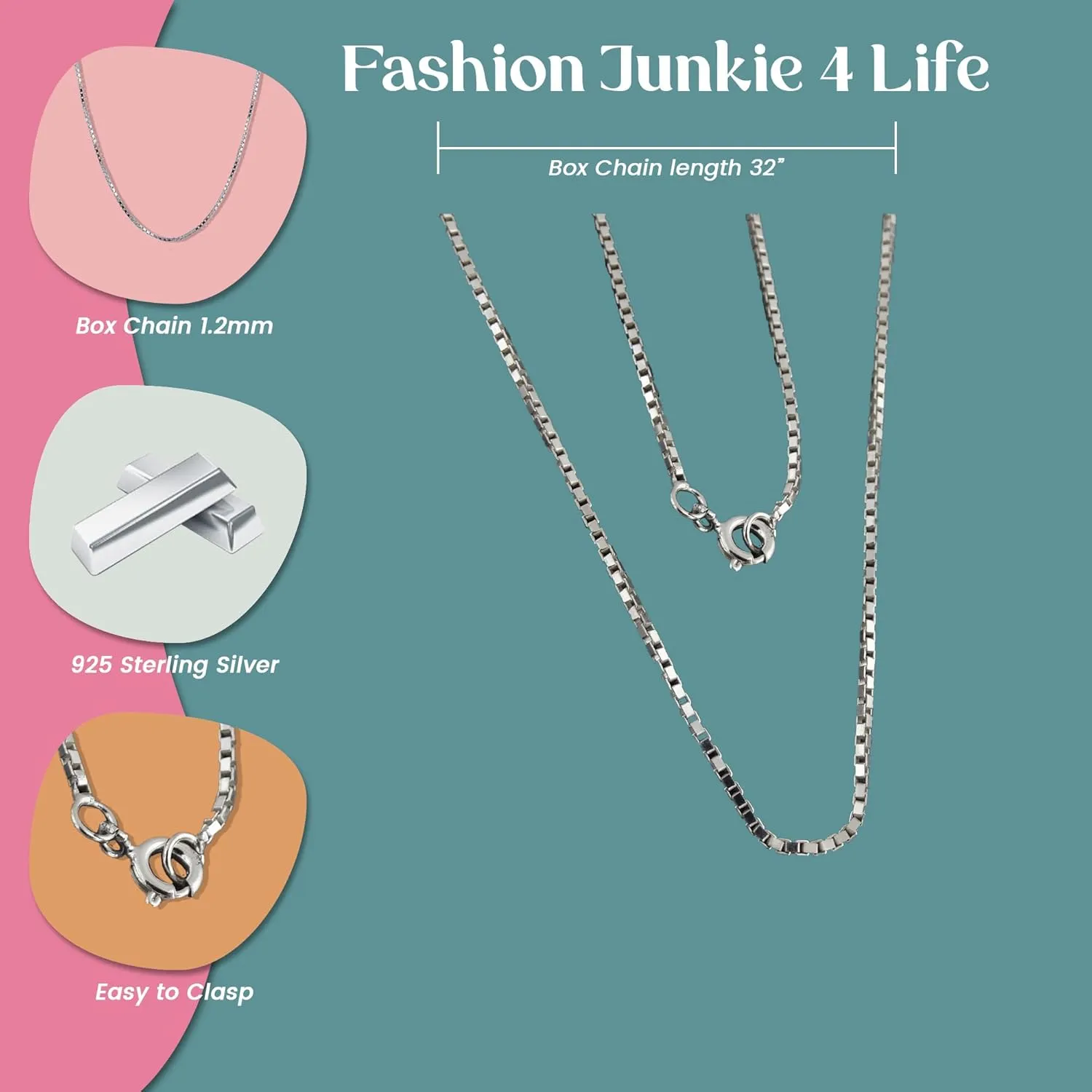 FashionJunkie4Life Extra Long Sterling Silver 1.2mm BOX Chain Link Necklace - 26", 32", 34", 38"