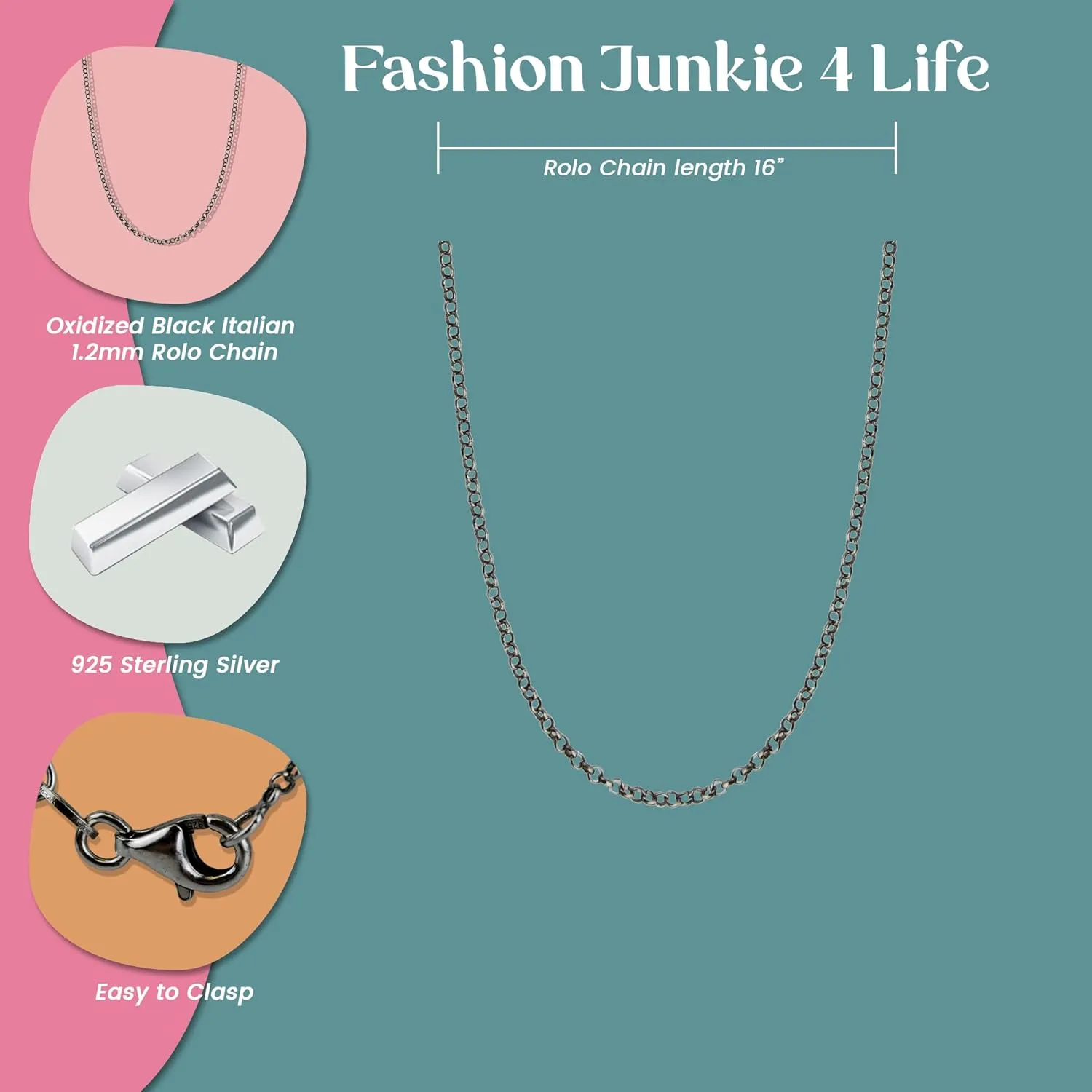 FashionJunkie4Life Oxidized Black Sterling Silver 1.2mm Rolo or Rollo Chain Necklace - 16, 18, 20, 24"