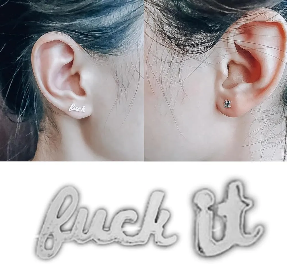 F*ck It Earrings,Fuck It Dainty Bar Ring,Funny Letter Initial Earrings,Inspirational Earrings and Ring,Funny Letters Stud Earrings,Punk Statement Earrings,for Women Gifts