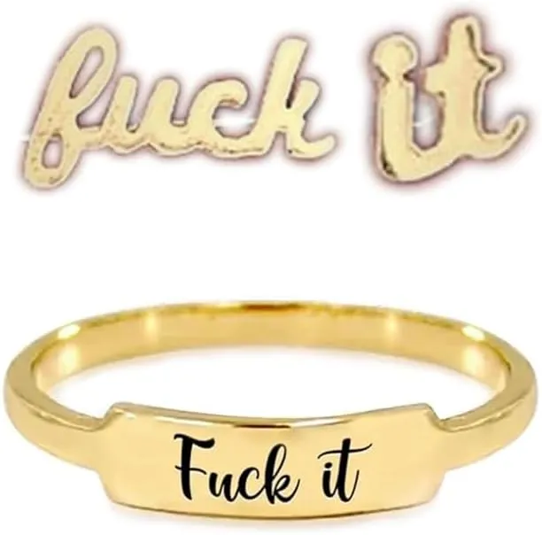 F*ck It Earrings,Fuck It Dainty Bar Ring,Funny Letter Initial Earrings,Inspirational Earrings and Ring,Funny Letters Stud Earrings,Punk Statement Earrings,for Women Gifts