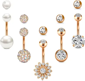 FECTAS 14g Belly Button Rings with Replacement Tops Balls Surgical Steel CZ Navel Ring Barbell for Women Body Piercing Jewelry Rose Gold Silver