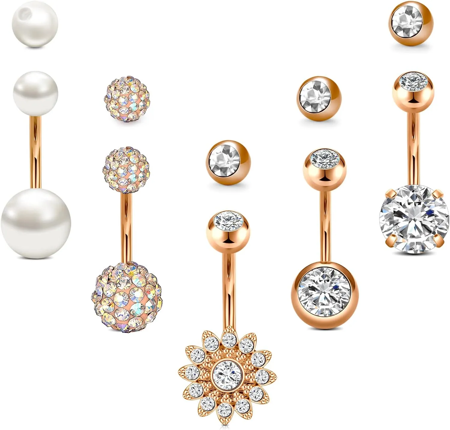 FECTAS 14g Belly Button Rings with Replacement Tops Balls Surgical Steel CZ Navel Ring Barbell for Women Body Piercing Jewelry Rose Gold Silver