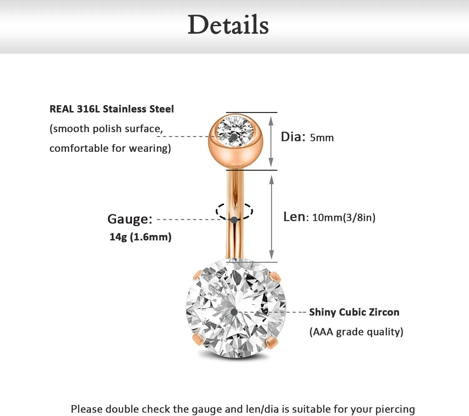 FECTAS 14g Belly Button Rings with Replacement Tops Balls Surgical Steel CZ Navel Ring Barbell for Women Body Piercing Jewelry Rose Gold Silver