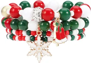 Festive Stackable Bracelet Christmas Charm Beaded Stretch Bracelets Cute Xmas Bracelets For Women Teen Girls As Party