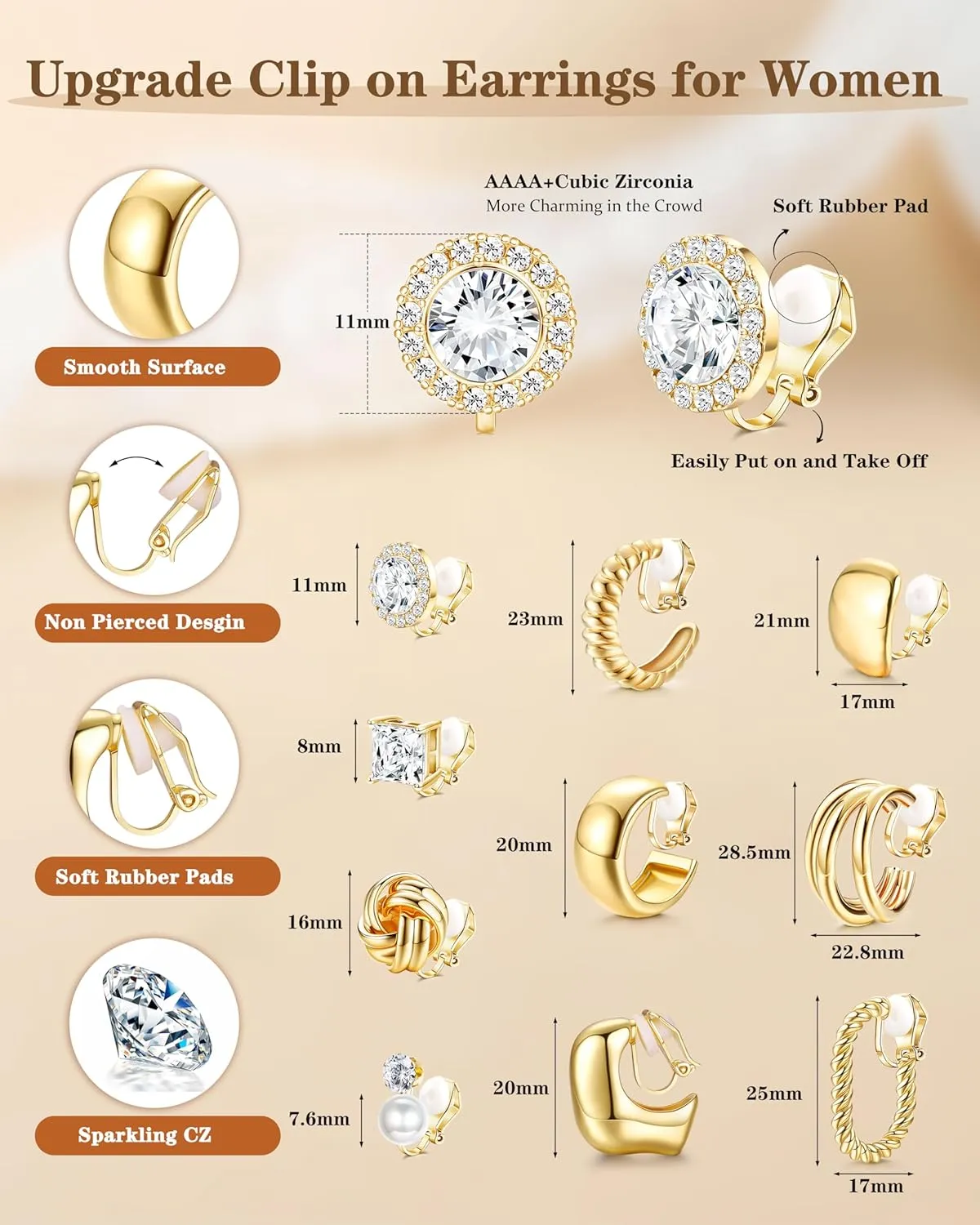 FIBO STEEL 10 Pairs Clip On Earrings for Women Non Pierced Ears CZ Pearl Knot Twist Chunky Hoop and Studs Earring Set Ear Clips Jewelry Gold Silver Tone