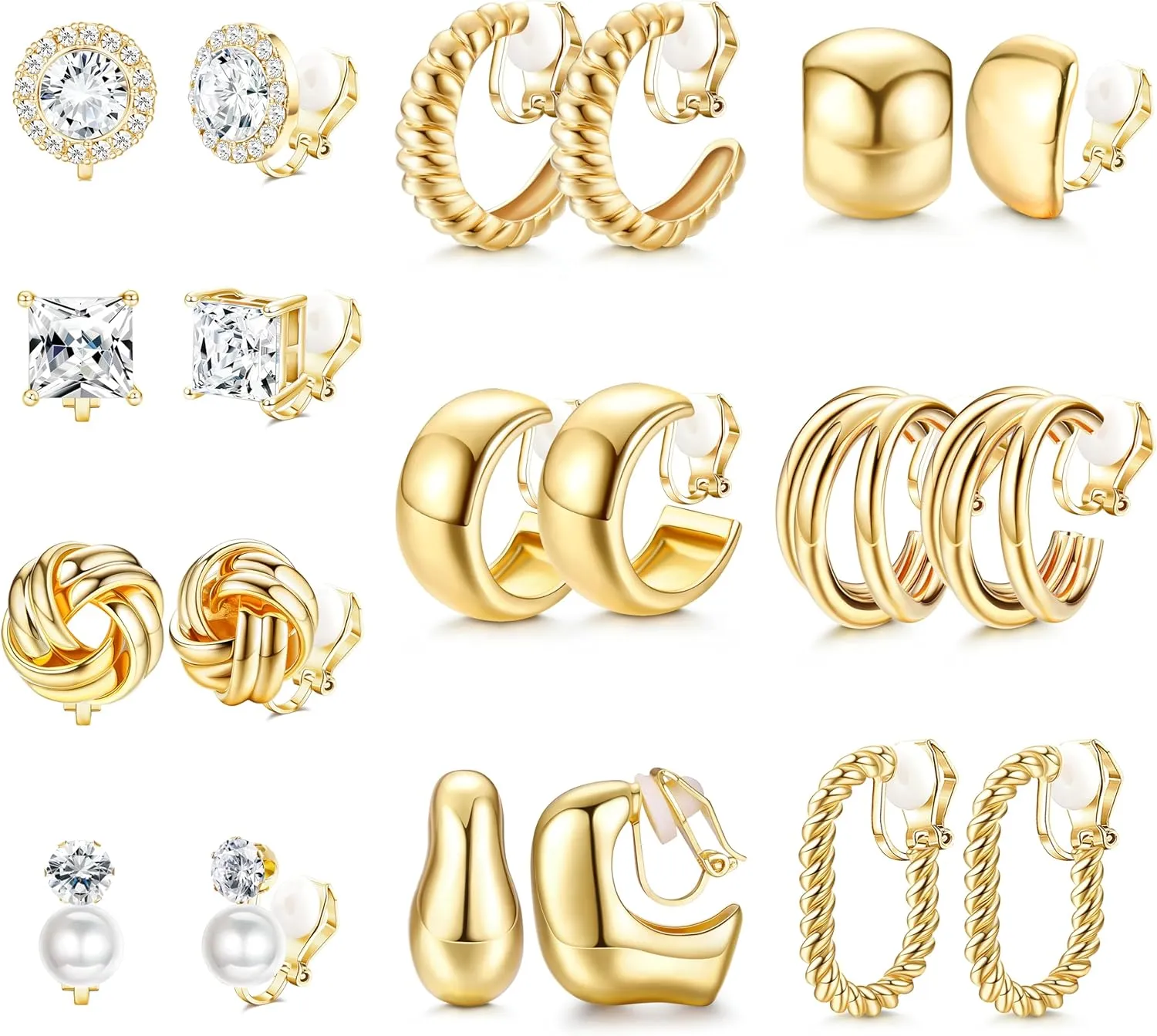 FIBO STEEL 10 Pairs Clip On Earrings for Women Non Pierced Ears CZ Pearl Knot Twist Chunky Hoop and Studs Earring Set Ear Clips Jewelry Gold Silver Tone