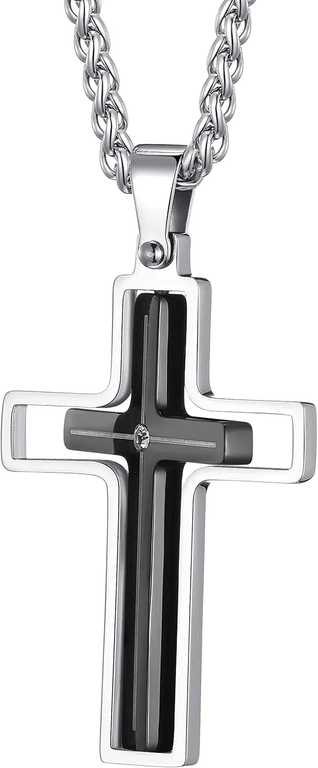 Fidget Necklace for Men Anxiety Necklace Cross Pendant Chain Spinner Necklace