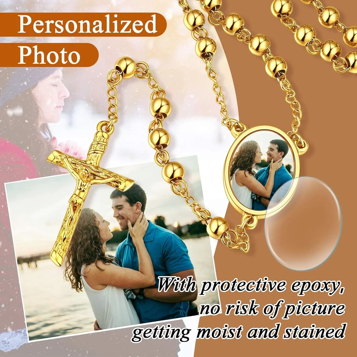 FindChic Customized Stainless Steel Rosary Bead Necklaces Catholic with Picture Cross Pendant for Women Red/Blue Crystal Evil Eye Long Y Shape Necklaces Personalized Christian Jewelry, with Gift Box