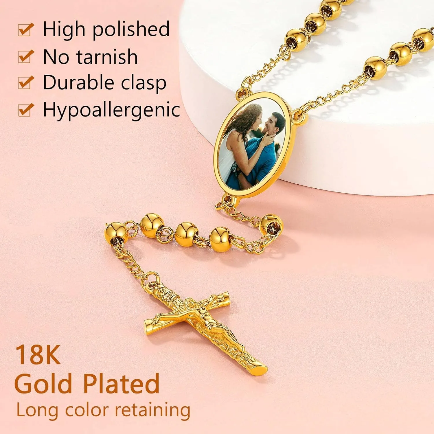 FindChic Customized Stainless Steel Rosary Bead Necklaces Catholic with Picture Cross Pendant for Women Red/Blue Crystal Evil Eye Long Y Shape Necklaces Personalized Christian Jewelry, with Gift Box