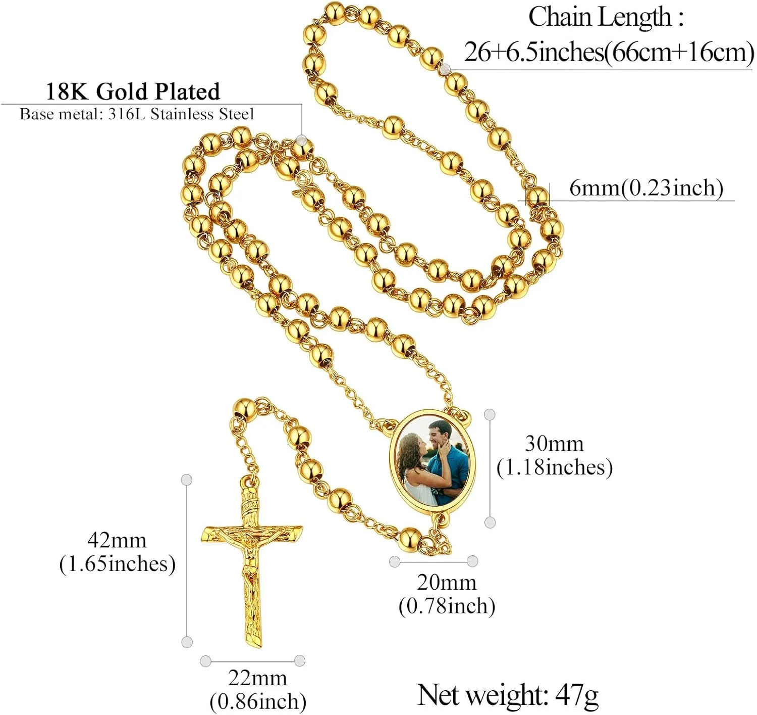 FindChic Customized Stainless Steel Rosary Bead Necklaces Catholic with Picture Cross Pendant for Women Red/Blue Crystal Evil Eye Long Y Shape Necklaces Personalized Christian Jewelry, with Gift Box